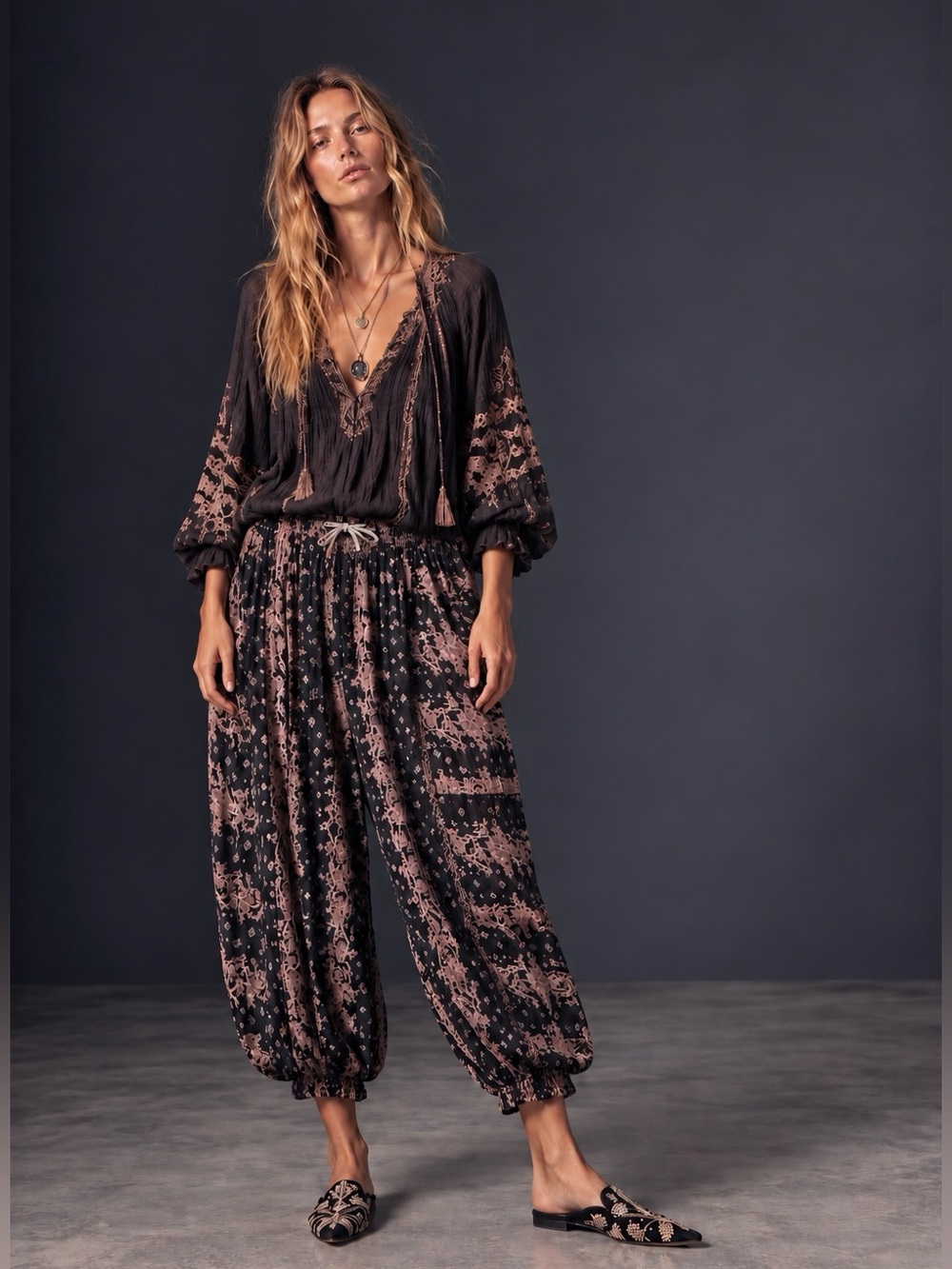 Intimately Free People After Hours Printed Harem Pants Black Pink XS
